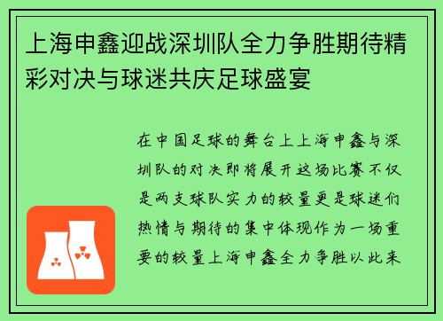 上海申鑫迎战深圳队全力争胜期待精彩对决与球迷共庆足球盛宴